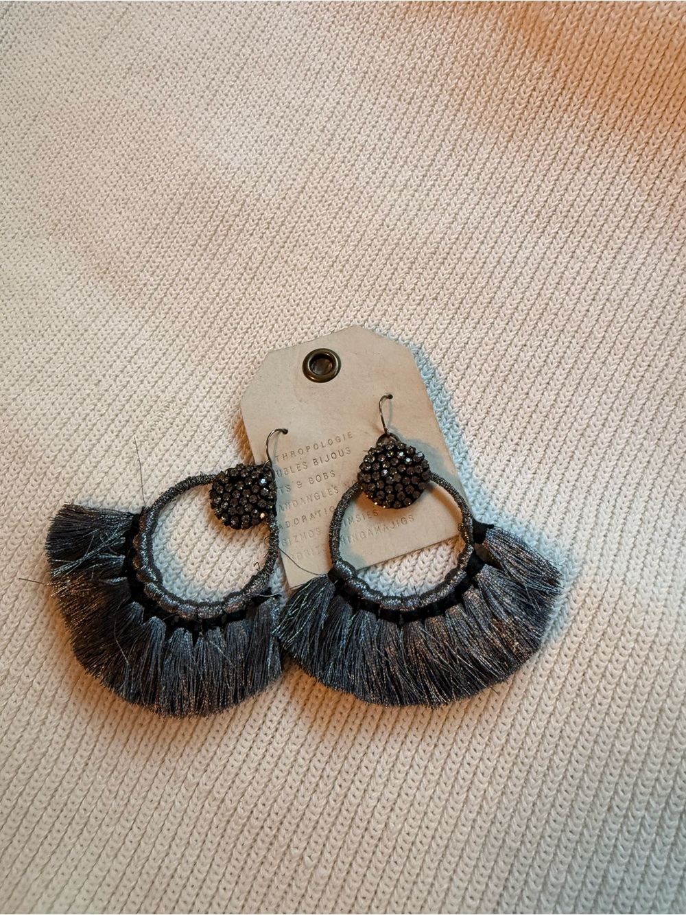 Anthropologie Black Fringe Hoop Earrings with Beaded Studs